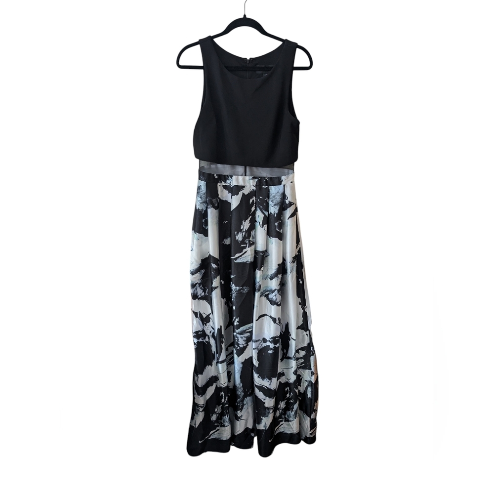 Betsy & Adam Printed Black Blue Illusion Mesh Waist Satin Maxi Dress Size 10‎